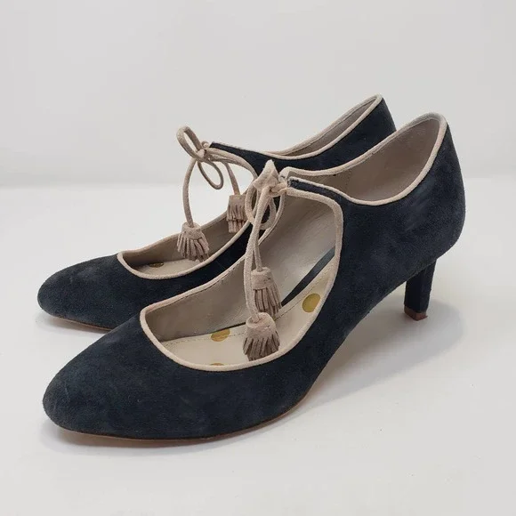 Boden Womens Lilli Gray Cream Suede Tassel Heels Mary Jane Mid Heel Round Toe - Picture 4 of 9